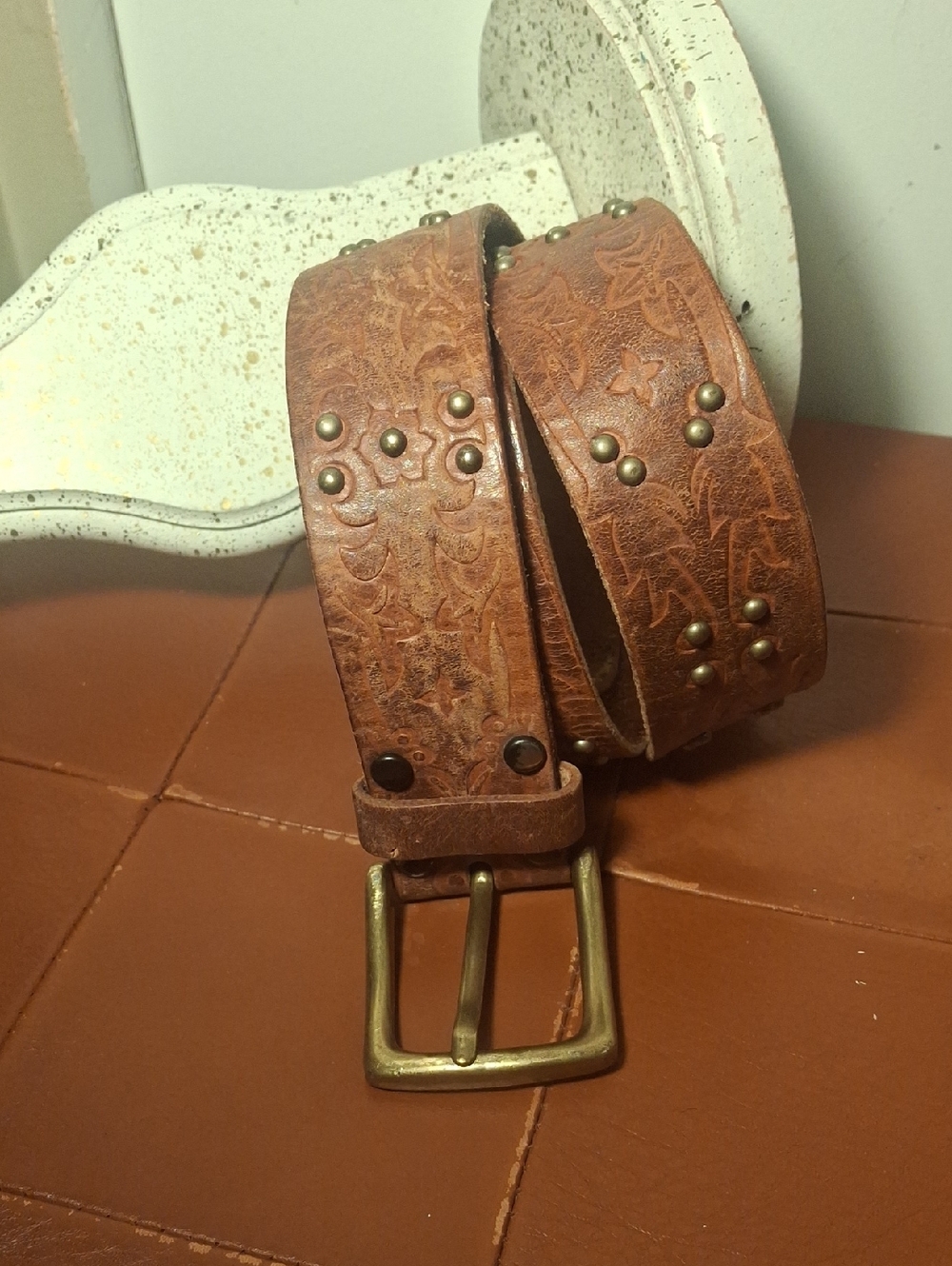Brighton Embossed Leather Stud Belt - Brown